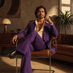 May include: A man in a purple suit, white shirt, and black boots sits in a brown leather chair. The suit jacket is open, revealing the shirt. The room has a retro vibe with a brown sofa and a lamp.