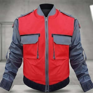 Chaqueta bomber de piel sintética roja y gris de Marty McFly – Réplica del disfraz de la película de los 80