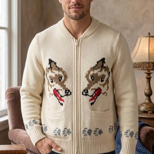 Men's Fox Pattern Cowichan Sweater – Heavyweight Wool Zip-Up Cardigan