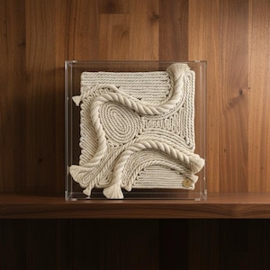 Handmade Art Decorative Cotton Rope in Clear Acrylic Frame – Unique Textile Art for Wall or Table Decor - Made in Brazil
