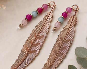 Handmade Rose Gold Feather Bookmark, Natural Gemstone Beads, Book Lover Gift