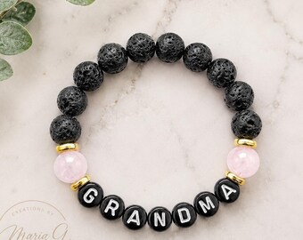 Grandma Gemstone Bracelet, Rose Quartz Lava Stone Jewelry, Personalized Family Gift, Mother's Day Keepsake