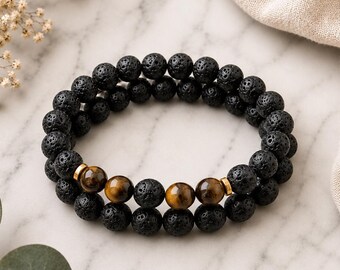 Men's Lava Stone Tiger Eye Bracelet Stack | Natural Gemstone Stretch Set