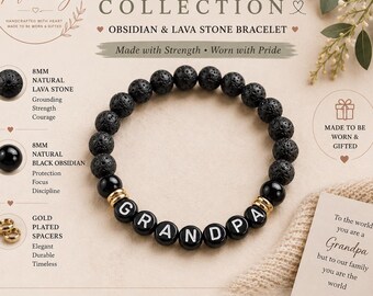 Personalized Grandpa Bracelet, Obsidian & Lava Stone Gift for Grandpa