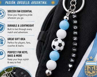 Argentina Soccer Keychain | Personalized Name Beaded Key Ring | Blue White Fan Gift