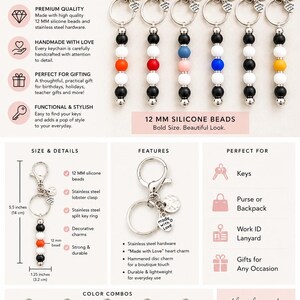 K&ouml;nnte beinhalten: Sechs Perlen-Schl&uuml;sselanh&auml;nger mit 12 mm Silikonperlen in verschiedenen Farbkombinationen, darunter Schwarz, Wei&szlig;, Orange, Rot, Pink, Blau und Gelb. Jeder Schl&uuml;sselanh&auml;nger verf&uuml;gt &uuml;ber Edelstahlbeschl&auml;ge, einen Karabiner und Metallanh&auml;nger.