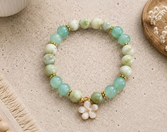 Green Aventurine Jade Flower Bracelet | Natural Gemstone Stretch Bracelet