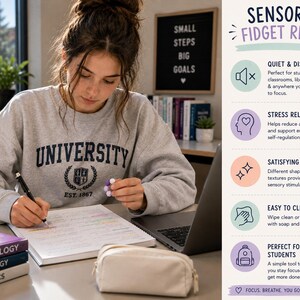 May include: A sensory fidget ring featuring small, round, purple and white beads. The product infographic displays the text: SENSORY FIDGET RING, QUIET & DISCREET, STRESS RELIEF, SATISFYING TEXTURES, EASY TO CLEAN, PERFECT FOR STUDENTS, FOCUS, BREATHE, YOU GOT THIS.