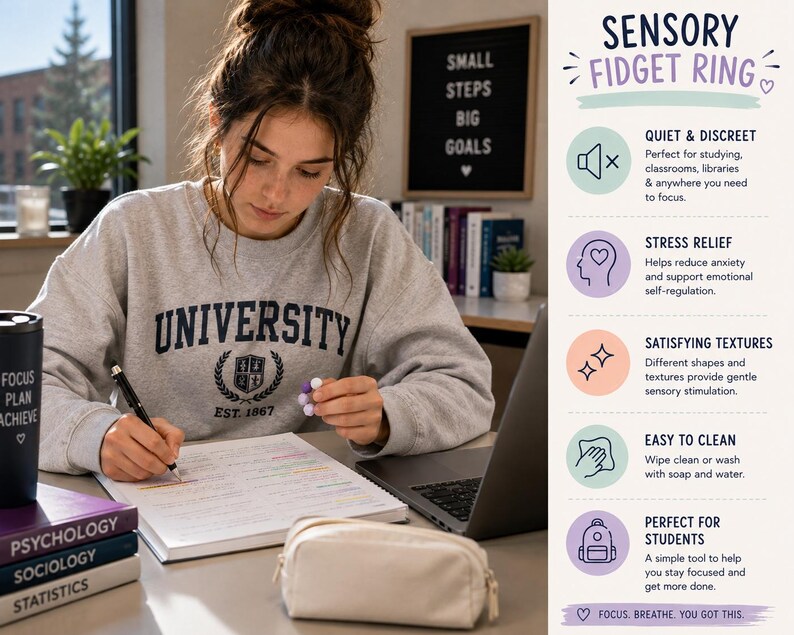 May include: A sensory fidget ring featuring small, round, purple and white beads. The product infographic displays the text: SENSORY FIDGET RING, QUIET & DISCREET, STRESS RELIEF, SATISFYING TEXTURES, EASY TO CLEAN, PERFECT FOR STUDENTS, FOCUS, BREATHE, YOU GOT THIS.