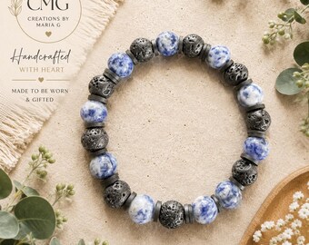 Blue Dot Jasper Lava Stone Men's Bracelet, Natural Gemstone Handmade Jewelry, Husband
