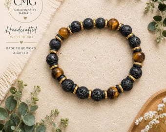 Men's Tiger Eye Lava Stone Bracelet, Gold Spacers, Handmade Gemstone Jewelry