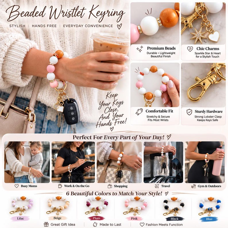 K&ouml;nnte beinhalten: Ein Perlen-Schl&uuml;sselarmband mit runden wei&szlig;en, rosa und orangefarbenen Silikonperlen, goldenen Akzenten, einem goldenen Karabinerverschluss sowie Stern- und Herzanh&auml;ngern. Das Produkt wird in verschiedenen Lebenssituationen und sechs Farben gezeigt.