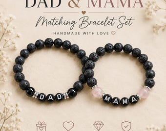 Dad & Mama Matching Bracelet Set | Personalized Couples Gift | Lava and Gemstone Bracelets for Parents