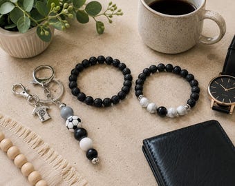 Soccer Gift Set Keychain Lava Stone Howlite Obsidian Bracelets Gift for Him