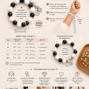 Peut inclure: Un guide des tailles pour porte-cl&eacute;s bracelet avec des perles noires et blanches de 12 mm, un fermoir argent&eacute; et une breloque 'Made with Love'. L'infographie pr&eacute;sente un tableau des tailles en cm, des instructions et des photos du produit.