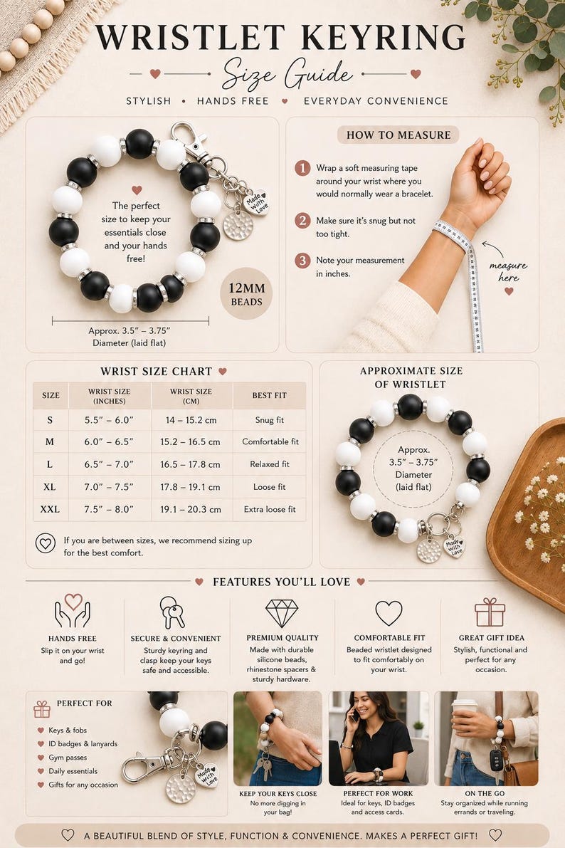 Peut inclure: Un guide des tailles pour porte-cl&eacute;s bracelet avec des perles noires et blanches de 12 mm, un fermoir argent&eacute; et une breloque 'Made with Love'. L'infographie pr&eacute;sente un tableau des tailles en cm, des instructions et des photos du produit.