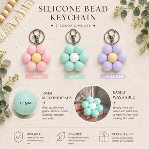 Puede incluir: Tres llaveros de cuentas de silicona con forma de flor en rosa, menta y lavanda, cada uno con un cierre de metal plateado. La imagen incluye etiquetas de texto, un gr&aacute;fico de medici&oacute;n de 15 mm para las cuentas y un lavado del llavero.