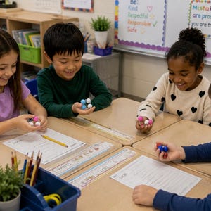 May include: Four children sit at desks in a classroom, each holding small, colourful plastic spherical building blocks. The children are engaged in a learning activity with worksheets, pencils, and a blue supply bin containing pencils and a small potted plant.
