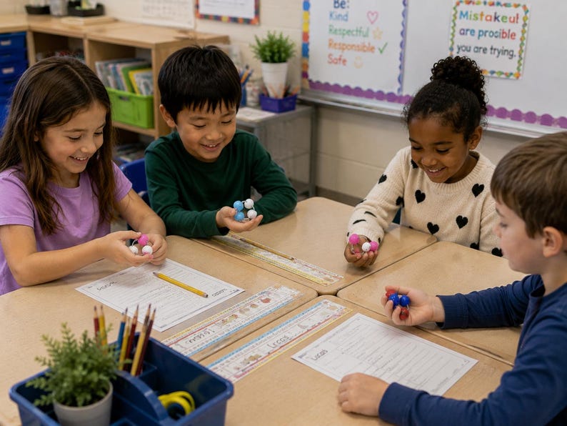 May include: Four children sit at desks in a classroom, each holding small, colourful plastic spherical building blocks. The children are engaged in a learning activity with worksheets, pencils, and a blue supply bin containing pencils and a small potted plant.