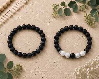 Men's Lava Stone Bracelet Set Howlite Obsidian Beaded Gift for Him Stretch