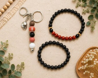 Football Gift Bundle Mens Bracelet Set Lava Stone Red Jasper Keychain