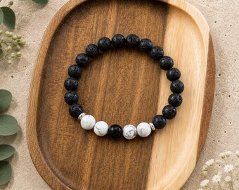 Men's Lava Stone Howlite Obsidian Bracelet Gift for Him Stretch Beaded Jewelry