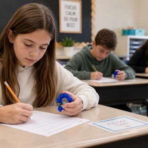May include: A blue circular fidget toy with a single grey bead held in one hand while writing on a paper with a yellow pencil. The paper on the desk has the text "YOU GOT THIS!" printed on it, and a sign on the wall says "FOCUS CALM DO YOUR BEST."