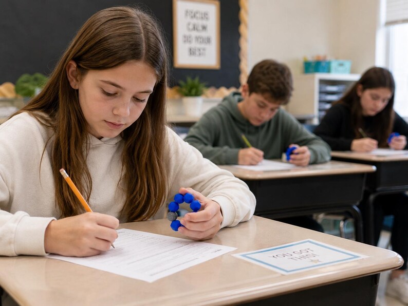 May include: A blue circular fidget toy with a single grey bead held in one hand while writing on a paper with a yellow pencil. The paper on the desk has the text "YOU GOT THIS!" printed on it, and a sign on the wall says "FOCUS CALM DO YOUR BEST."