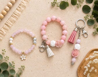 Rose Quartz Bracelet Keychain Wristlet Gift Set for Women