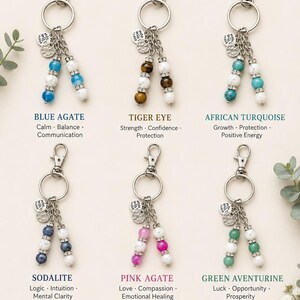 May include: Six silver-toned metal keychains featuring natural gemstone beads in blue agate, tiger eye, African turquoise, sodalite, pink agate, and green aventurine. Each keychain includes a lobster clasp, a ring, and a small round charm.