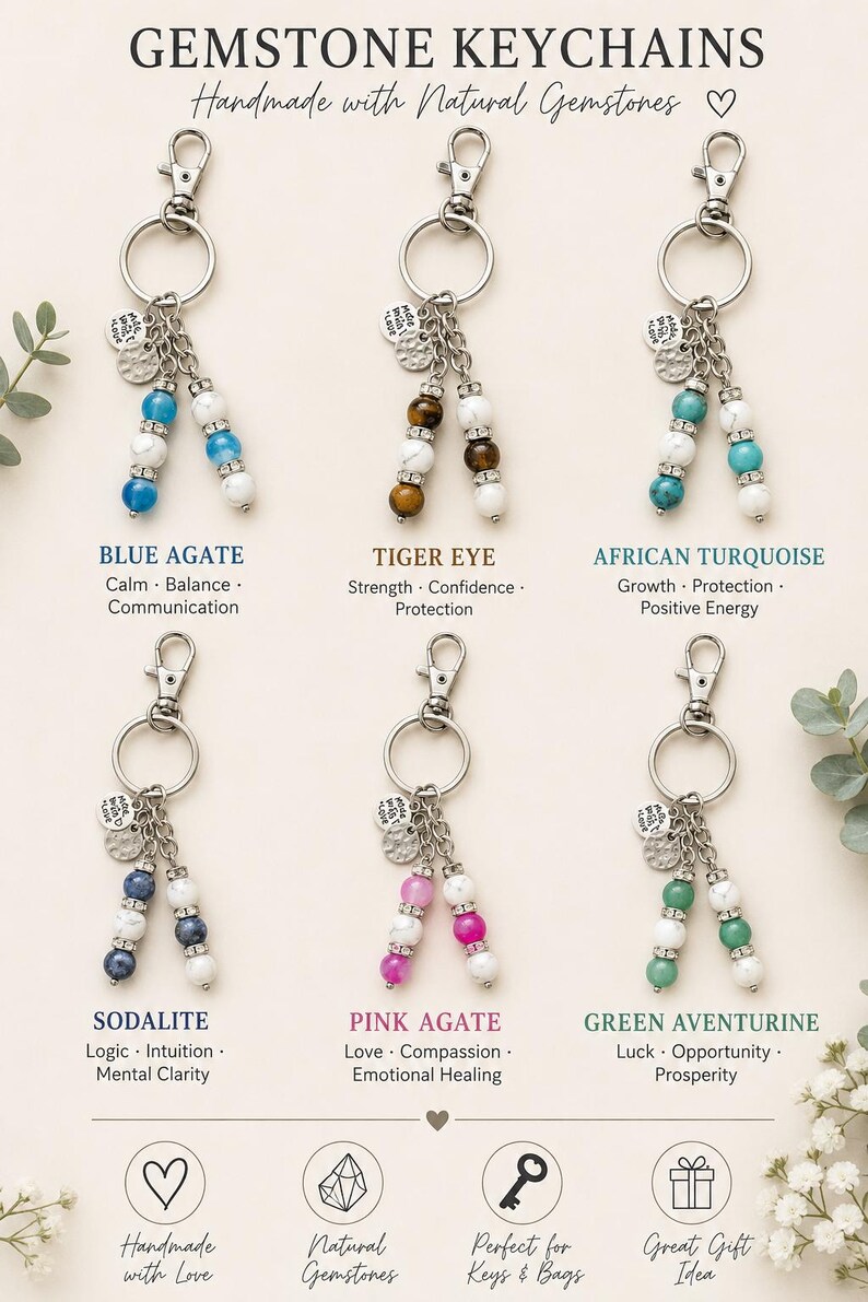 May include: Six silver-toned metal keychains featuring natural gemstone beads in blue agate, tiger eye, African turquoise, sodalite, pink agate, and green aventurine. Each keychain includes a lobster clasp, a ring, and a small round charm.