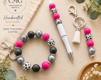 Pink Cow Print Beaded Pen & Wristlet Keychain Set | Nurse Handmade Silicone Beads, Rhinestone Accents