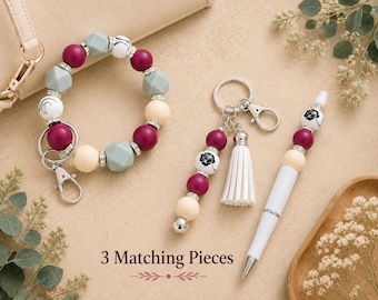 Silicone Beaded Wristlet, Matching Pen & Tassel Keychain Set, Teacher Gift, Office Accessories