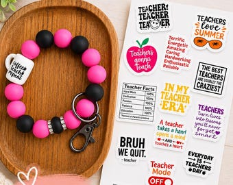 Teachers Beaded Wristlet Keychain, Hot Pink Black Coffee Teach Repeat Mug Bead