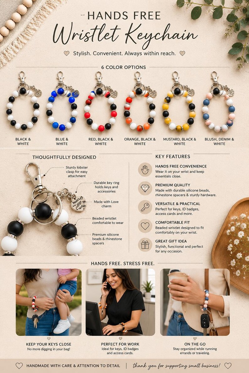 Peut inclure: Une collection de six porte-cl&eacute;s bracelets compos&eacute;s de perles en silicone dans diverses combinaisons de couleurs, notamment noir et blanc, bleu et blanc, rouge, noir et blanc, orange, noir et blanc, moutarde, noir et blanc, et blush, jean et blanc.