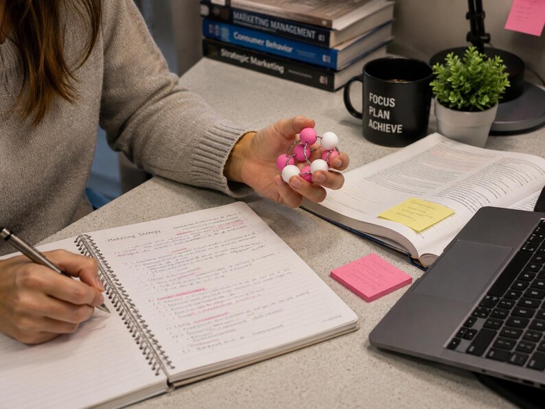 May include: A handheld fidget toy consisting of interconnected silver metal rings and alternating pink and white spherical beads. The toy is held in a palm, showcasing its circular structure and smooth, rounded components designed for tactile manipulation.