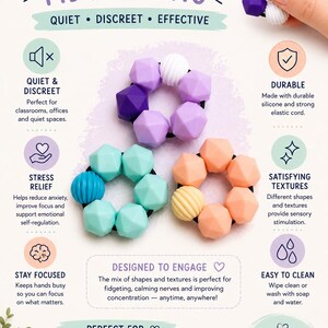 May include: A sensory fidget ring featuring faceted silicone beads in purple, teal, and peach shades strung on an elastic cord. The product display includes text labels such as SENSORY FIDGET RING, QUIET, DISCREET, EFFECTIVE, DURABLE, and STRESS RELIEF.
