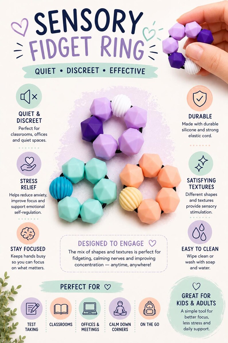 May include: A sensory fidget ring featuring faceted silicone beads in purple, teal, and peach shades strung on an elastic cord. The product display includes text labels such as SENSORY FIDGET RING, QUIET, DISCREET, EFFECTIVE, DURABLE, and STRESS RELIEF.