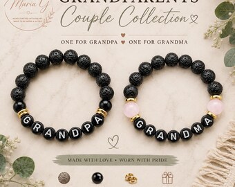 Personalized Grandma Grandpa Bracelet Set | Matching Grandparent Gift | Lava Stone, Rose Quartz & Obsidian Jewelry