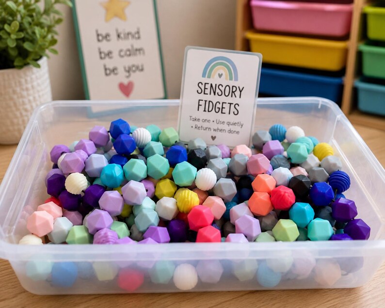 May include: A clear plastic bin filled with a variety of multi-coloured silicone geometric beads. A white sign stands in the centre with a rainbow graphic and the text SENSORY FIDGETS, Take one, Use quietly, Return when done, and a small heart.
