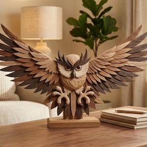May include: A wooden owl sculpture with outstretched wings, crafted from various shades of brown wood. The owl has detailed feathers and is mounted on a wooden base. The sculpture is displayed on a wooden table, showcasing a decorative home accent.