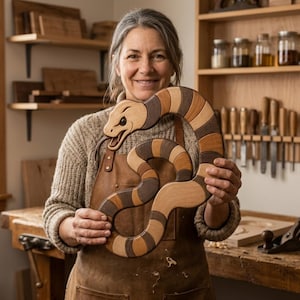 May include: A wooden snake sculpture with a tan, brown, and dark brown segmented body. The snake has a detailed head with a forked tongue. The sculpture is held by a person in a workshop setting, with tools and wood shelves in the background.