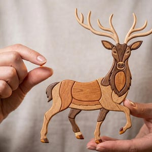 May include: A wooden deer figurine with a detailed design. The deer is made of various shades of wood, including light and dark brown. The antlers are a lighter color, and the figurine is held in someone's hands.