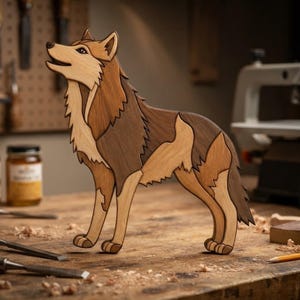 May include: A standing wolf figurine crafted from multiple pieces of wood in varying shades of light, medium, and dark brown. The wooden sculpture features a layered design with distinct grain patterns, depicting a wolf with its head tilted upward.