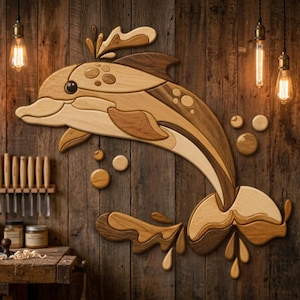 May include: Wooden dolphin wall art in shades of brown and tan, mounted on a rustic wooden wall. The dolphin is crafted from various wood pieces, with a playful design. Decorative wooden bubbles and water splashes add to the aquatic theme.