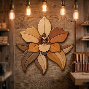 May include: A wall-mounted wooden orchid sculpture composed of layered, multi-toned wood pieces in shades of light tan, medium brown, and dark chocolate. The floral design features symmetrical petals and a central labellum with visible wood grain.
