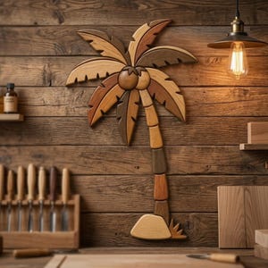May include: A wall-mounted palm tree decoration crafted from various shades of natural wood, featuring a segmented trunk, layered fronds, and two round coconuts at the center, showcasing a smooth finish and distinct wood grain patterns.