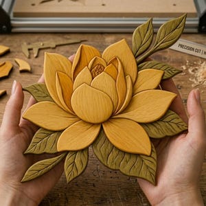 Peut inclure: Sculpture florale en bois sculpté, avec des pétales jaunes et des feuilles vertes. Le texte "PRECISION CUT | HAND-FINISHED" est visible. Cette œuvre d'art florale est probablement destinée à la décoration intérieure. Mesures en centimètres.