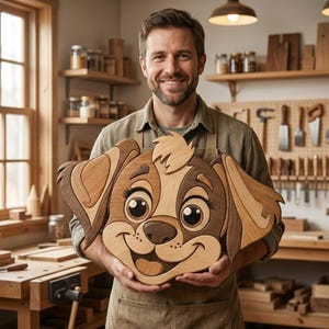 Pode incluir: Um homem sorrindo segura uma grande obra de arte em madeira em forma de cachorro. A obra apresenta um rosto de cachorro de desenho animado com tons de madeira marrom e bege. O fundo mostra uma oficina com ferramentas e materiais de madeira.