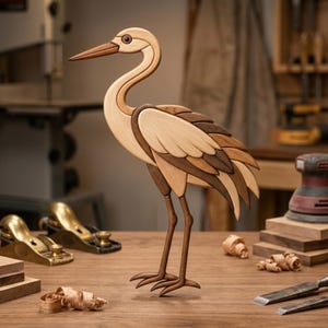 Può includere: Una scultura di gru in legno fatta a mano con un lungo collo e gambe, e un design alare dettagliato. L'uccello è realizzato con varie tonalità di legno, tra cui beige chiaro, marrone e marrone scuro. La scultura è esposta su una superficie di legno con strumenti di falegnameria.